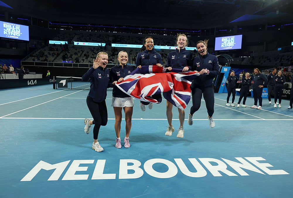 British Billy Jean Cup tennis players Harriet Dart, Katie Swan, Anne Keothavong, Mika Stojsavljevic and Jodie Anna Burrage celebrate, Saturday, April 11, 2026, after defeating Australia in Melbourne. - | Photo: Con Chronis/AAP Image via AP