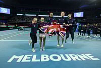 Billie Jean King Cup 2026: Britain Beat Australia, Enter Finals | Photo: Con Chronis/AAP Image via AP : British Billy Jean Cup tennis players Harriet Dart, Katie Swan, Anne Keothavong, Mika Stojsavljevic and Jodie Anna Burrage celebrate, Saturday, April 11, 2026, after defeating Australia in Melbourne.