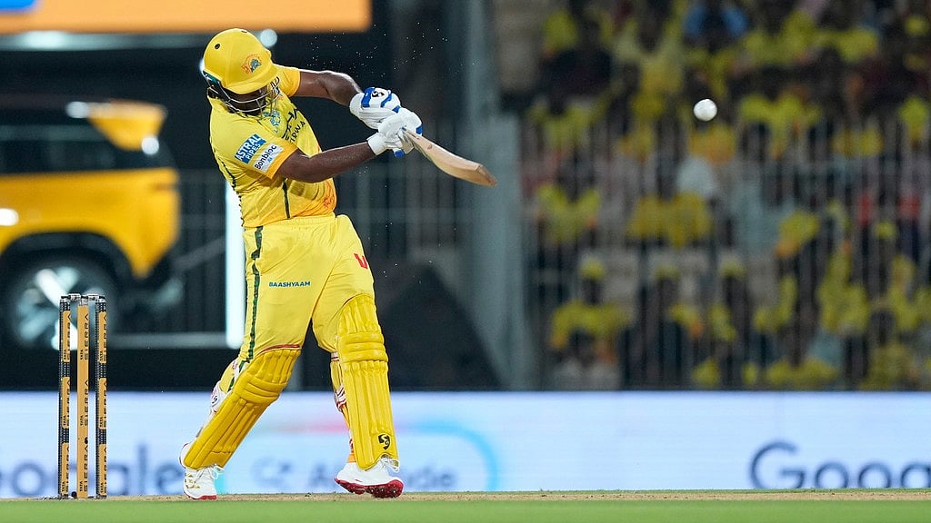 Chennai Super Kings' Sanju Samson plays a shot during the Indian Premier League cricket match between Chennai Super Kings and Delhi Capitals in Chennai, India, Saturday, April 11, 2026.  - AP Photo/Mahesh Kumar A.