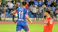 Photo: X/Indian Super League : Action from the first half of the Indian Super League game between Bengaluru FC and Kerala Blasters.