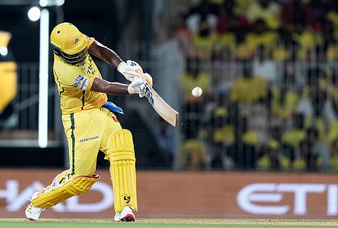 Chennai Super Kings' Sanju Samson hits a six during the Indian Premier League cricket match between Chennai Super Kings and Delhi Capitals in Chennai.