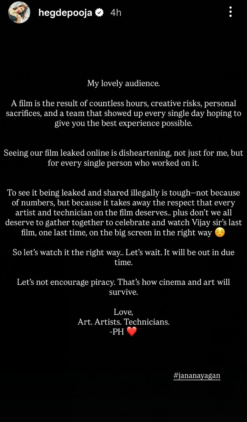 Pooja Hegdes post on Jana Nayagan leak