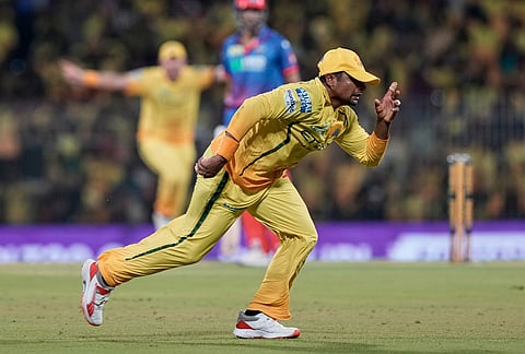 Chennai Super Kings' Sarfaraz Khan celebrates the wicket of Delhi Capitals' captain Axar Patel during the Indian Premier League cricket match between Chennai Super Kings and Delhi Capitals in Chennai.