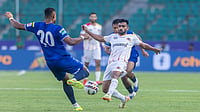 | Photo: AIFF : Chennaiyin FC and East Bengal players tussle for the ball during their Indian Super League match on April 11, 2026.