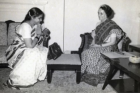 Former Indian Prime Minister Indira Gandhi seen with Asha Bhosle.