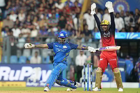 Royal Challengers Bengaluru's Jitesh Sharma appeals unsuccessfully for the wicket of Mumbai Indians' Suryakumar Yadav during the Indian Premier League cricket match between Mumbai Indians and Royal Challengers Bengaluru, in Mumbai , India.