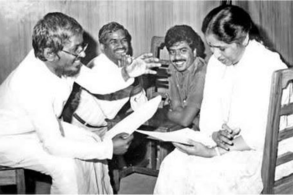 Asha Bhosle and Ilayaraaja working on a song together