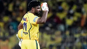 | Photo: AP/Mahesh Kumar A. : Chennai Super Kings' Sanju Samson celebrates his century during the Indian Premier League cricket match between Chennai Super Kings and Delhi Capitals in Chennai.