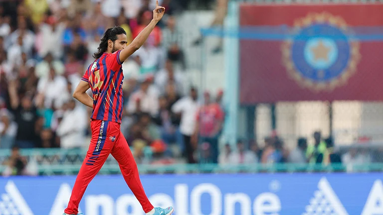 Digvesh Rathi celebrates after dismissing Sai Sudharsan during LSG vs GT IPL 2026 match at Ekana Stadium. - IPL/X