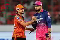 SRH Vs RR, IPL 2026: See Best Photos From Indian Premier League Match 21 At Hyderabad's Rajiv Gandhi Stadium | Photo: AP/Mahesh Kumar A. : Rajasthan Royals' captain Riyan Parag, right, and Sunrisers Hyderabad's captain Ishan Kishan shake hands after the toss before the start of the Indian Premier League cricket match between Sunrisers Hyderabad and Rajasthan Royals in Hyderabad.