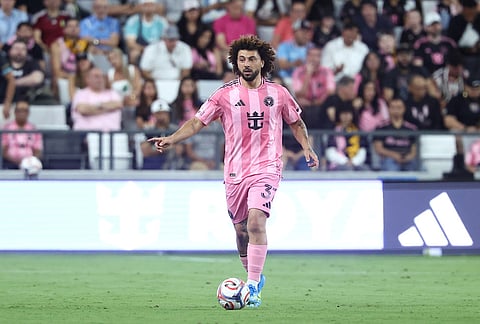Inter Miami defender Maximiliano Falcón brings the ball downfield in the first half of an MLS soccer match against the New York Red Bulls in Miami.