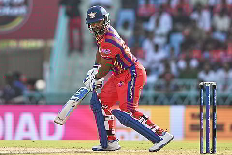 Lucknow Super Giants' Nicholas Pooran plays a shot during the Indian Premier League cricket match between Gujarat Titans and Lucknow Super Giants in Lucknow, India.