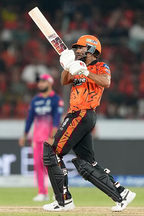Sunrisers Hyderabad's Nitish Kumar Reddy hits a six during the Indian Premier League cricket match between Sunrisers Hyderabad and Rajasthan Royals in Hyderabad.