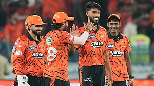 AP : Praful Hinge, centre, celebrates the wicket of Rajasthan Royals' Vaibhav Sooryavanshi during the Indian Premier League cricket match.
