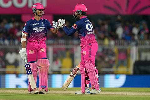 Rajasthan Royals' Vaibhav Sooryavanshi, right, celebrates after hits a boundary with Yashasvi Jaiswal during the Indian Premier League cricket match between Mumbai Indians and Rajasthan Royals in Guwahati, India, Tuesday, April 7, 2026