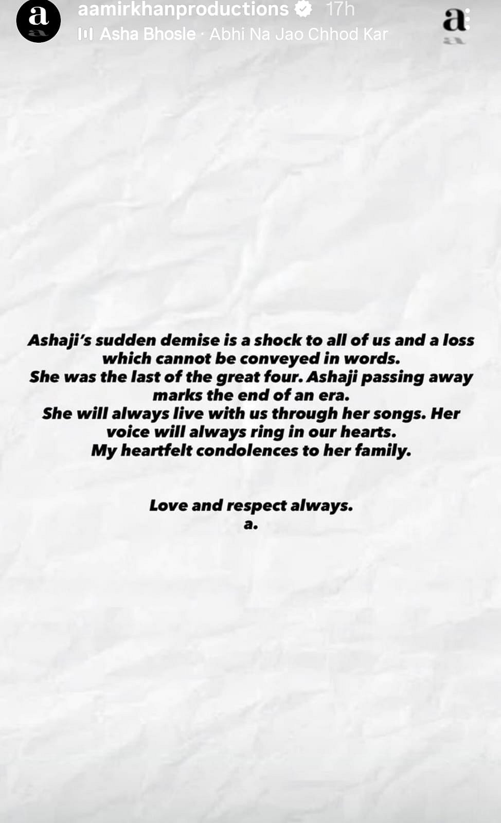 Aamir Khans post on Asha Bhosle