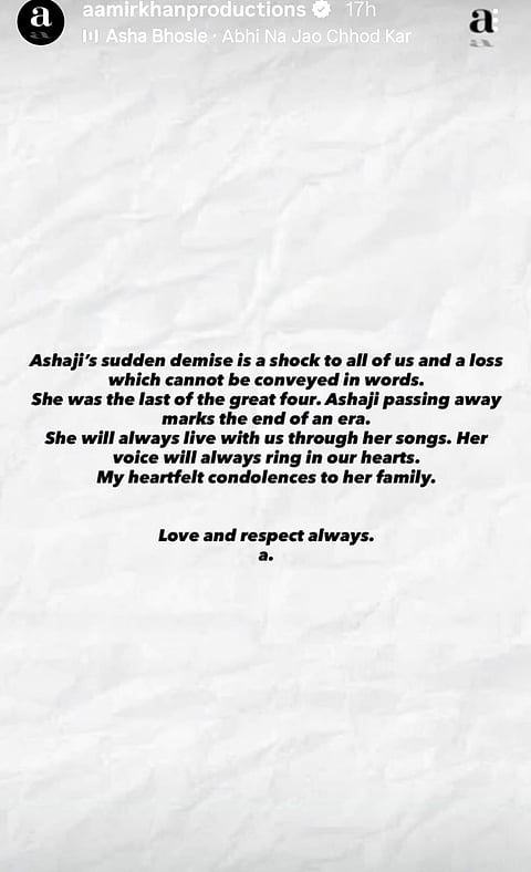 Aamir Khan's post on Asha Bhosle