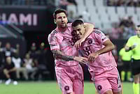 | Photo: AP/Peter Joneleit : Inter Miami forward Germán Berterame (19) celebrates after his goal with forward Lionel Messi, left, in the second half of an MLS soccer match against the New York Red Bulls in Miami. 