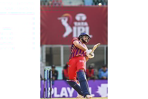 Lucknow Super Giants' Abdul Samad plays a shot during the Indian Premier League cricket match between Gujarat Titans and Lucknow Super Giants in Lucknow, India.