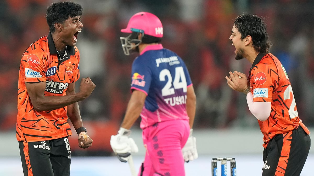 Sakib Hussain celebrates a wicket with Ishan Kishan during SRH vs RR IPL 2026 clash.  - AP Photo