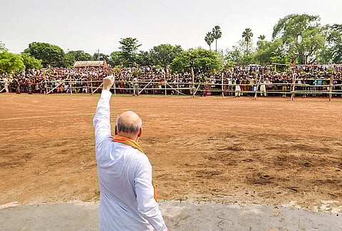 Union Home Minister Amit Shah during a public meeting ahead of the West Bengal Assembly election, in Paschim Bardhaman, West Bengal. 