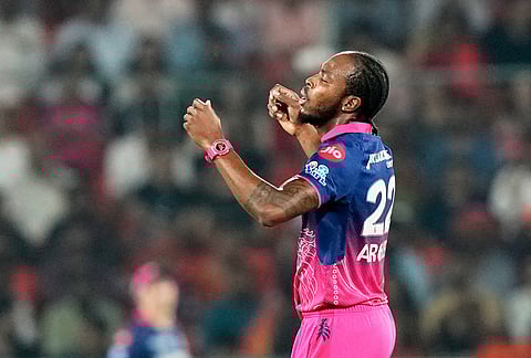 Rajasthan Royals' Jofra Archer reacts after a delivery during the Indian Premier League cricket match between Sunrisers Hyderabad and Rajasthan Royals in Hyderabad.