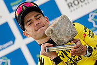 Paris-Roubaix 2026: Wout Van Aert Beats Tadej Pogacar To Honours | Photo: AP/Jean-Francois Badias : Belgium's Wout van Aert celebrates on the podium after winning the Paris-Roubaix cycling race in Roubaix, France.
