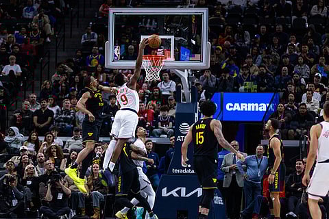 Los Angeles Clippers guard Bennedict Mathurin (9) dunks against the Golden State Warriors during the second half of an NBA basketball game in Inglewood, Calif.