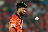 SRH Vs RR, IPL 2026: See Best Photos From Indian Premier League Match 21 At Hyderabad's Rajiv Gandhi Stadium | Photo: AP/Mahesh Kumar A. : Sunrisers Hyderabad's Praful Hinge toss the ball during the Indian Premier League cricket match between Sunrisers Hyderabad and Rajasthan Royals in Hyderabad.
