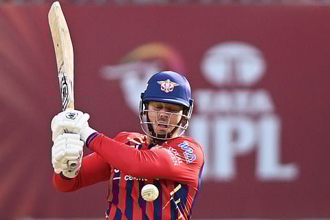 Lucknow Super Giants' George Linde plays a shot during the Indian Premier League cricket match between Gujarat Titans and Lucknow Super Giants in Lucknow, India.