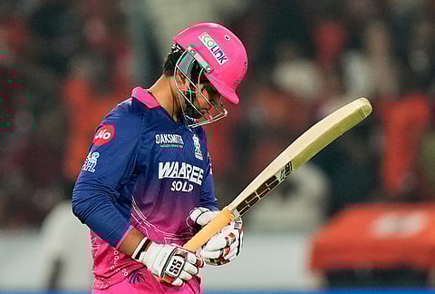 Rajasthan Royals' Vaibhav Sooryavanshi leaves the ground after losing his wicket during the Indian Premier League cricket match between Sunrisers Hyderabad and Rajasthan Royals in Hyderabad.