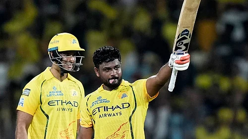 | Photo: AP/Mahesh Kumar A. : Chennai Super Kings' Sanju Samson, right, celebrates his century during the Indian Premier League cricket match between Chennai Super Kings and Delhi Capitals in Chennai.