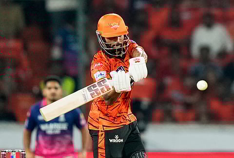 Sunrisers Hyderabad's Nitish Kumar Reddy plays a shot during the Indian Premier League cricket match between Sunrisers Hyderabad and Rajasthan Royals in Hyderabad.
