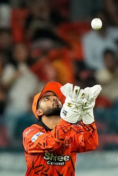 Sunrisers Hyderabad's Salil Arora takes the catch to dismiss Rajasthan Royals' Vaibhav Sooryavanshi during the Indian Premier League cricket match between Sunrisers Hyderabad and Rajasthan Royals in Hyderabad.