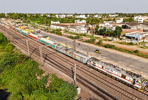 A view of the Srikakulam Road–Tirupati Humsafar Express marking the launch of a direct train service connecting Srikakulam district with Tirupati, in Srikakulam, Andhra Pradesh. 