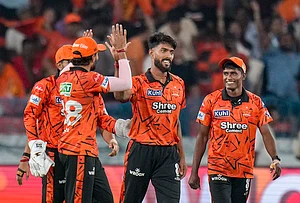 | Photo: PTI/Shahbaz Khan : Sunrisers Hyderabad's Praful Hinge, second right, with teammates celebrates after the wicket of Rajasthan Royals' Vaibhav Sooryavanshi during the Indian Premier League (IPL) 2026 T20 cricket match between Sunrisers Hyderabad and Rajasthan Royals, at Rajiv Gandhi International Stadium in Hyderabad, Telangana.