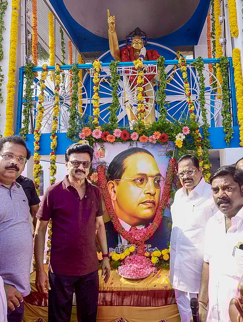 Tamil Nadu Chief Minister and DMK President MK Stalin in a photograph as he pays tribute to the statue of Dr BR Ambedkar on the occasion of the latter’s birth anniversary, observed as ‘Ambedkar Jayanti’, during the CM’s morning walk as part of his election campaign ahead of the Tamil Nadu Assembly Election, in Vellore district.