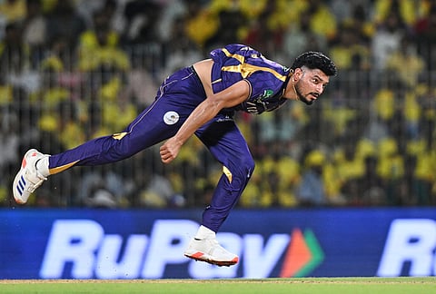 Kolkata Knight Riders' Vaibhav Arora bowls a delivery during the Indian Premier League cricket match between Chennai Super Kings and Kolkata Knight Riders in Chennai.