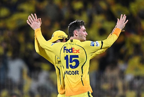 Chennai Super Kings' Noor Ahmed celebrates the wicket of Kolkata Knight Riders' Rinku Sing during the Indian Premier League cricket match between Chennai Super Kings and Kolkata Knight Riders in Chennai.