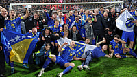FIFA World Cup 2026, Group B Preview: Co-Hosts Canada Under Pressure In A Bracket With Switzerland, Qatar & Bosnia (AP Photo/Armin Durgut) : Bosnia players celebrate after winning a penalty shootout at the end of the World Cup qualifying playoff final soccer match between Bosnia and Italy in Zenica, Bosnia, Tuesday, March 31, 2026.