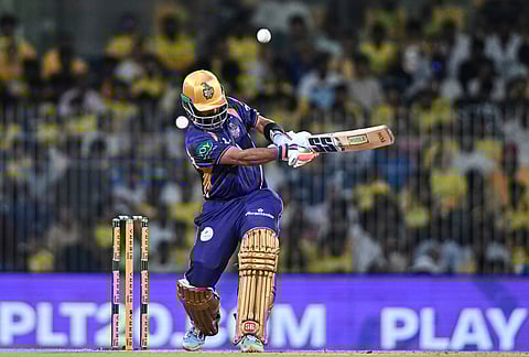 Kolkata Knight Riders' captain Ajinkya Rahane plays a shot during the Indian Premier League cricket match between Chennai Super Kings and Kolkata Knight Riders in Chennai.
