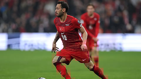 Turkey's Hakan Calhanoglu controls the ball during the 2026 World Cup playoff semifinal soccer match between Turkey and Romania, in Istanbul, Turkey, Thursday, March 26, 2026.