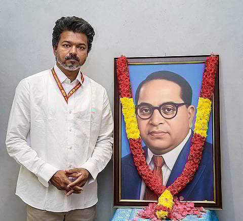 Tamilaga Vettri Kazhagam (TVK) chief Vijay pays tribute to BR Ambedkar on his birth anniversary, in Chennai. 