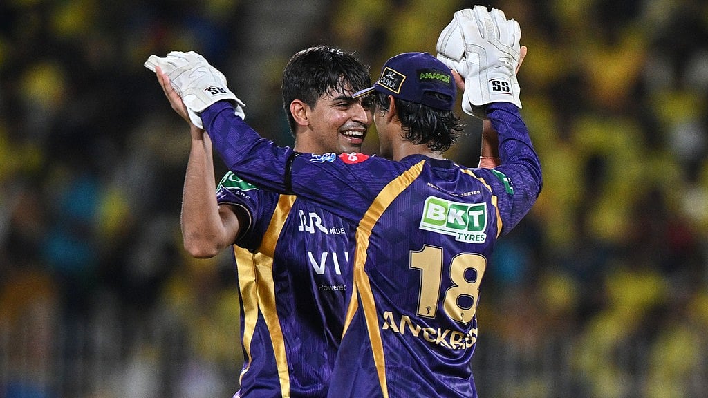 Kartik Tyagi (left) celebrates the wicket of Dewald Brevis during the Indian Premier League match between Chennai Super Kings and Kolkata Knight Riders in Chennai. - Photo: AP