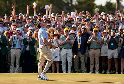 Rory McIlroy, of Northern Ireland, celebrates after winning the Masters golf tournament at the Augusta National Golf Club, in Augusta, Georgia.