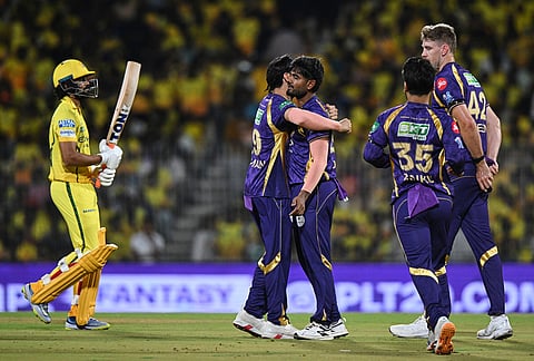 Kolkata Knight Riders players celebrate the wicket of Chennai Super Kings' captain Ruturaj Gaikwad, left, during the Indian Premier League cricket match between Chennai Super Kings and Kolkata Knight Riders in Chennai.
