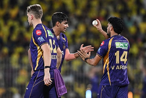 Kolkata Knight Riders' Kartik Tyagi, center, celebrates with teammates the wicket of Chennai Super Kings' Dewald Brevis during the Indian Premier League cricket match between Chennai Super Kings and Kolkata Knight Riders in Chennai.