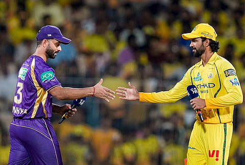 Chennai Super Kings' captain Ruturaj Gaikwad, right, and Kolkata Knight Riders' captain Ajinkya Rahane at toss during the Indian Premier League (IPL) 2026 T20 cricket match between Chennai Super Kings and Kolkata Knight Riders, at MA Chidambaram Stadium in Chennai, Tamil Nadu.
