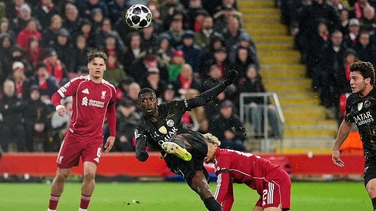 PSG's Ousmane Dembele misses a chance during the Champions League quarterfinal second leg soccer match between Liverpool and Paris Saint-Germain in Liverpool, England, Tuesday, April 14, 2026. - AP Photo/Dave Shopland