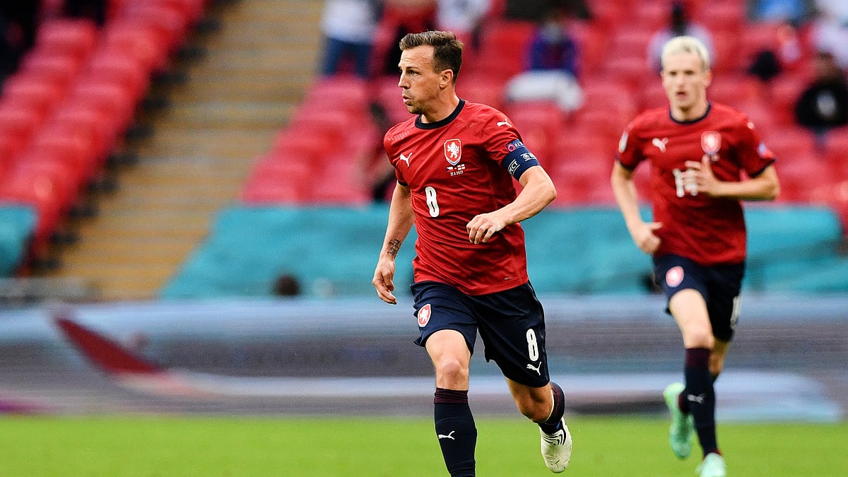 FILE - Czech Republic's Vladimir Darida dribles during the Euro 2020 soccer championship group D match between the Czech Republic and England at Wembley stadium in London, Tuesday, June 22, 2021.  - (Justin Tallis/Pool Photo via AP, File)